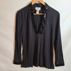 Talbots Petites Black Sequin Collar And Sleeve Blouse
